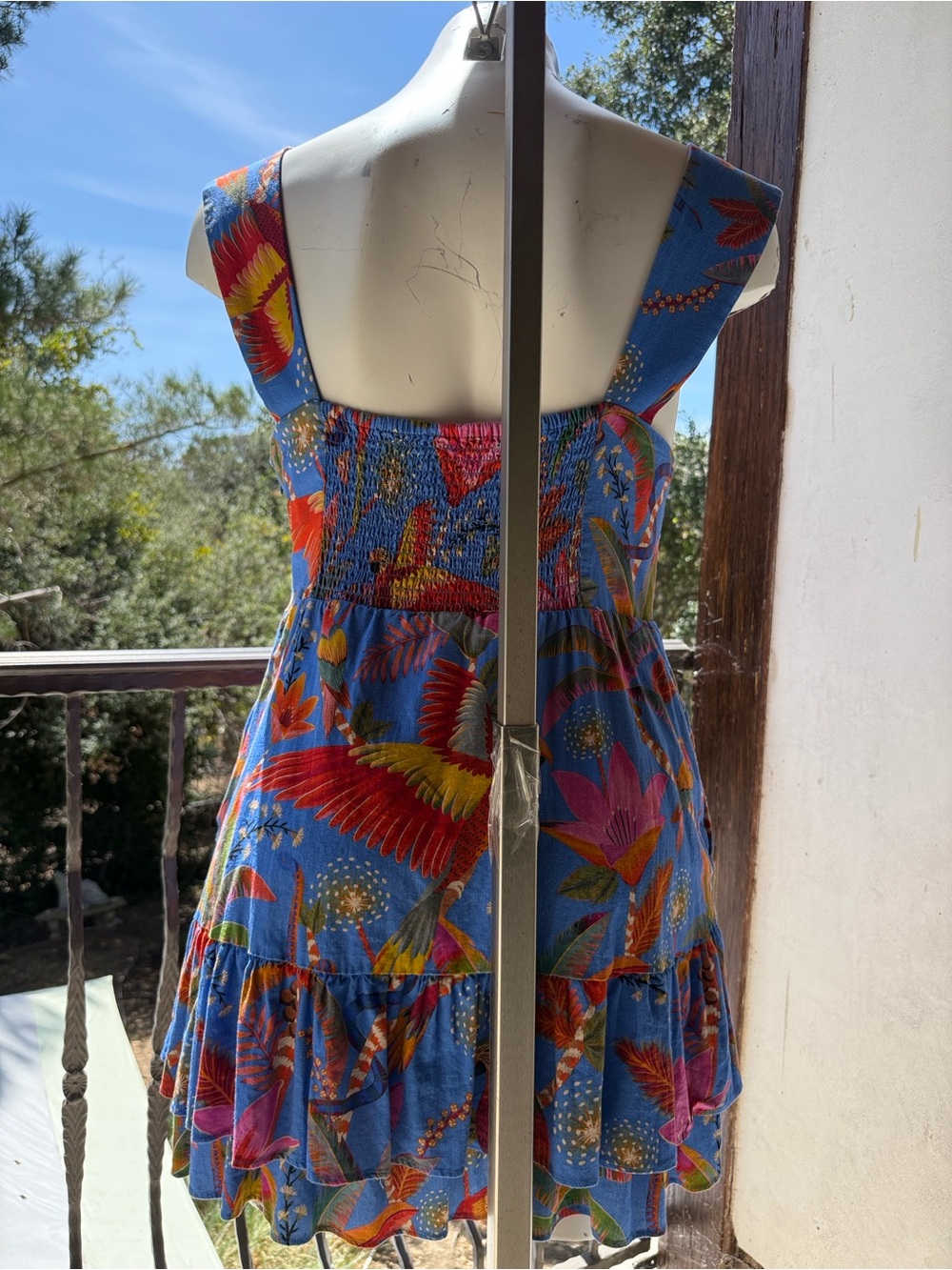 Farm Rio dress mini Blue pockets Tropical parrots Sundress linen-Ruffle hem - XL - Picture 11 of 17